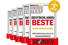 Fünf Auszeichnungen "Deutschlands Beste Direktversicherer" von Focus Money, dargestellt als aufgefächerte Magazine mit goldenem Siegel "Jahres-Sieger 1. Folge".