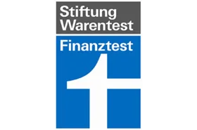 Logo der Stiftung Warentest Finanztest mit grauem Balken oben und blauem Quadrat mit weißem "t" darunter.