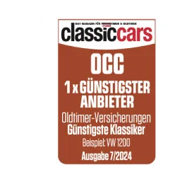 Classic Cars Magazin Auszeichnung: OCC 1x günstigster Anbieter für Oldtimer-Versicherungen, Beispiel VW 1200, Ausgabe 7/2024.