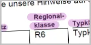 Tabellenausschnitt mit den Spaltenüberschriften "Regionalklasse" und "Typklasse", darunter die Einträge "R6" und "Typh" in einer Zeile zur Fahrzeugklassifizierung.