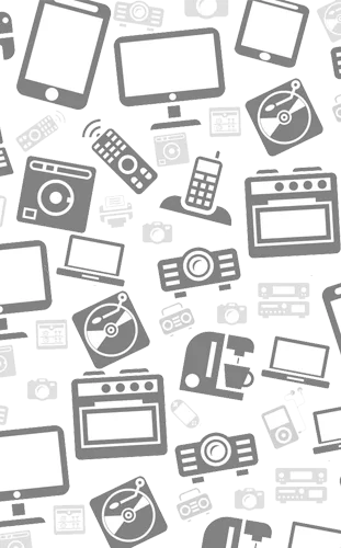 Nahtloses Muster mit grauen Icons verschiedener elektronischer Geräte wie Tablets, Smartphones, Kameras, Fernbedienungen und Küchengeräte auf weißem Hintergrund.