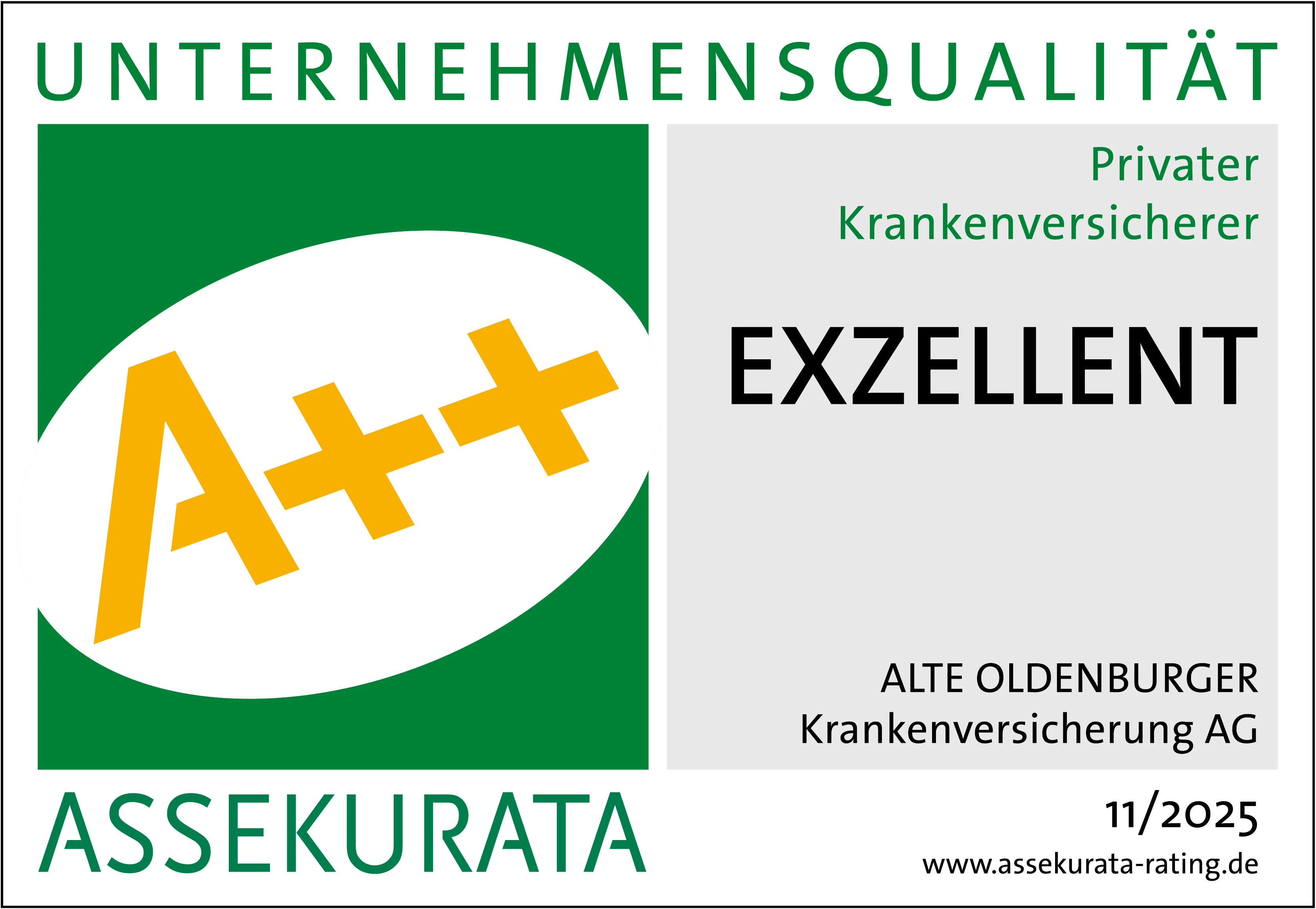 Assekurata-Siegel mit der Bewertung "A++ EXZELLENT" für die Unternehmensqualität der Alten Oldenburger Krankenversicherung AG als privater Krankenversicherer.
