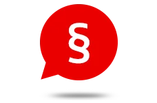 Rote Sprechblase mit weißem Paragraphenzeichen, symbolisiert rechtliche Beratung oder juristische Kommunikation.