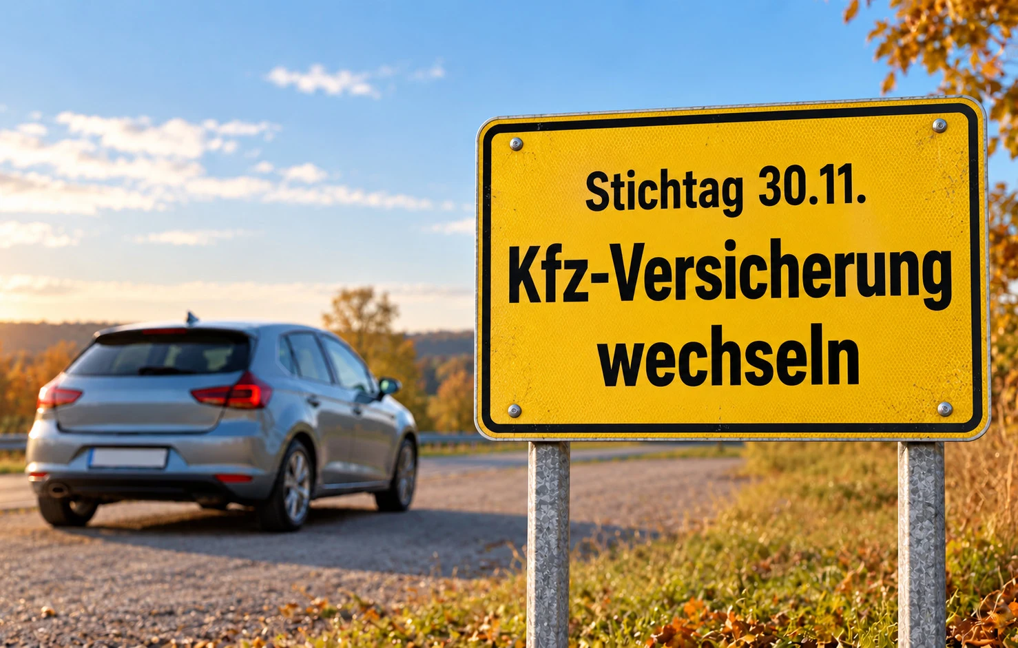 Schild mit Hinweis zum Stichtag am 30.11. vor herbstlicher STraße und PKW