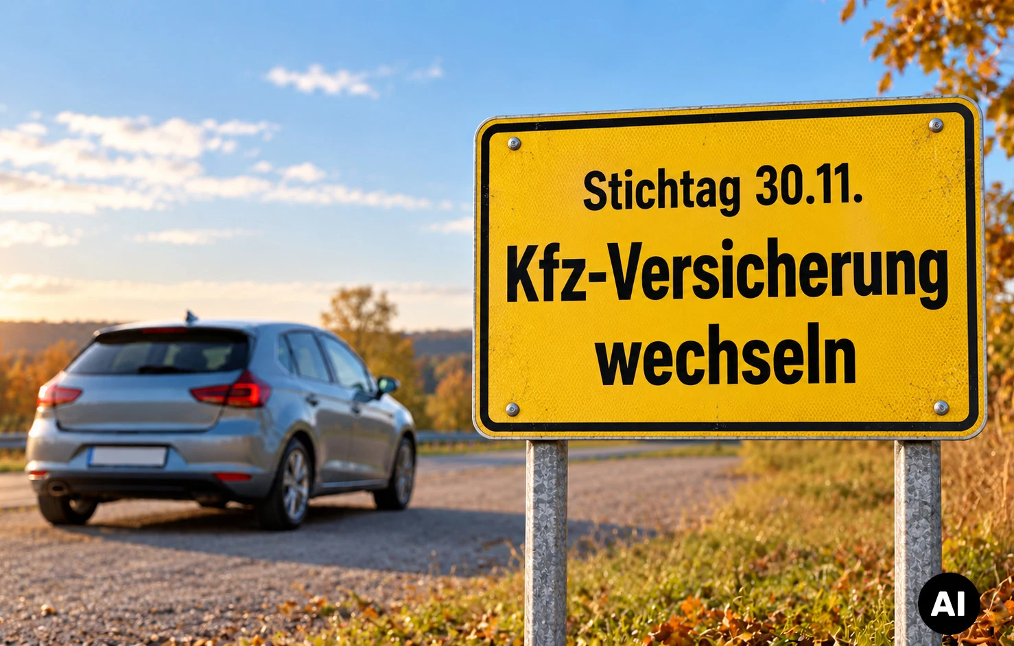 Schild mit Hinweis zum Stichtag am 30.11. vor herbstlicher STraße und PKW