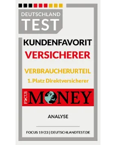 Auszeichnung "Kundenfavorit Versicherer" von Focus Money, Verbraucherurteil mit erstem Platz für Direktversicherer in der Analyse.