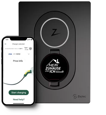 Eine schwarze Ladestation mit Z-Logo und rundem Display zeigt "MEIN ZUHAUSE UND ICH", daneben ein Smartphone mit der Ladeübersicht und "Start charging"-Button.