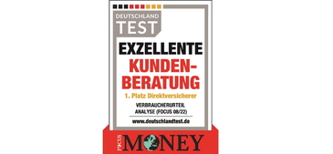 Siegel mit der Beschriftung Exzellente Kundenberatung und 1. Platz Direktversicherer