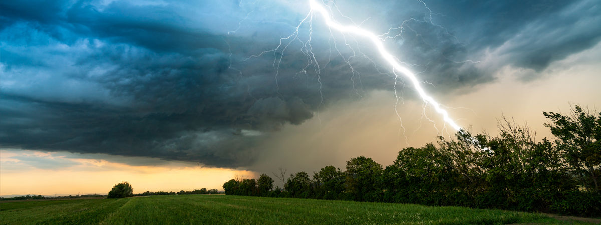 Unwetter mit Blitz über Weide.