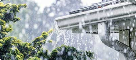 Eine Regenrinne läuft auf Grund des starken Regenfalls über.